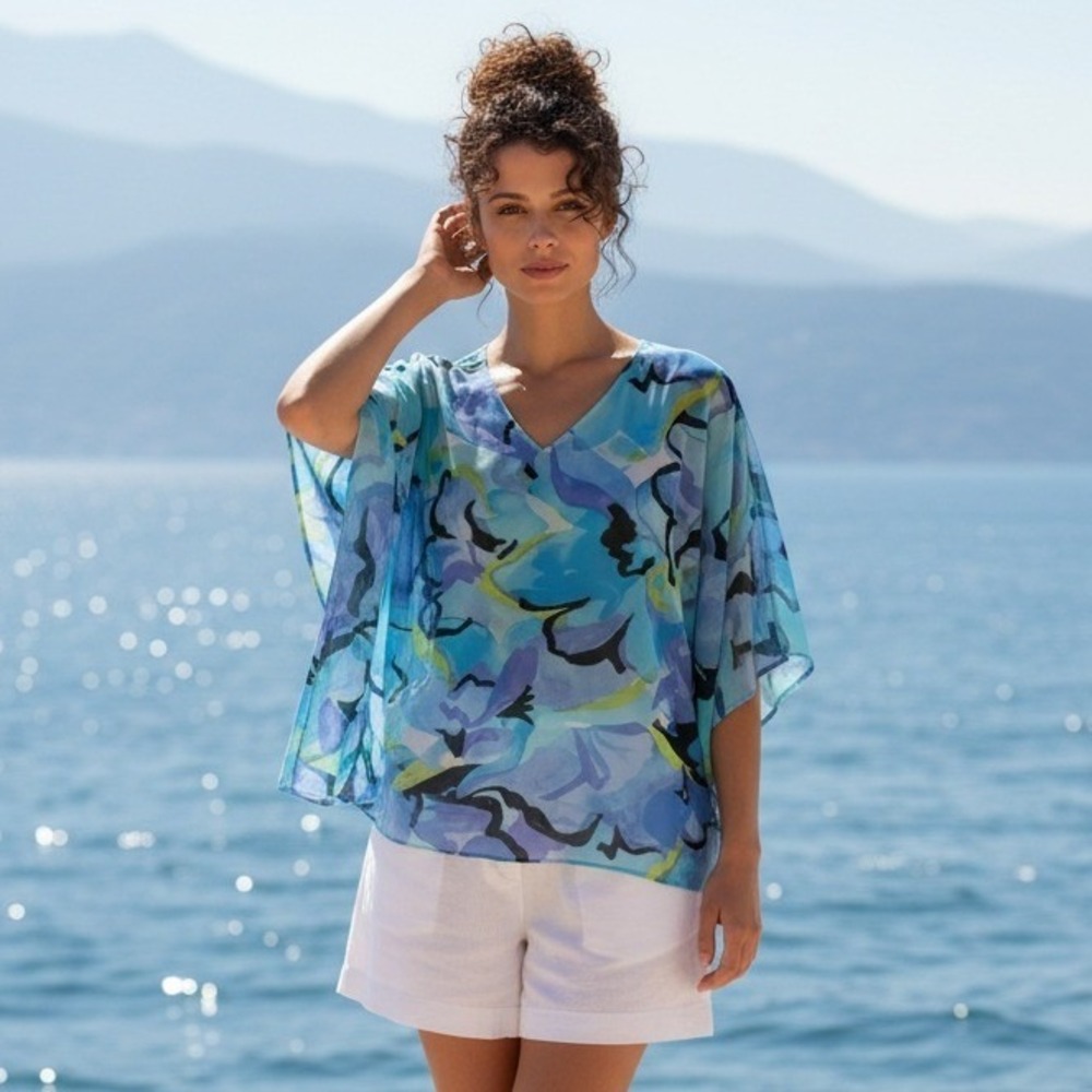 Belle Kim Gravel 1X Blue Watercolor Floral Chiffon V-Neck Dolman Sleeve Blouse - Picture 2 of 9